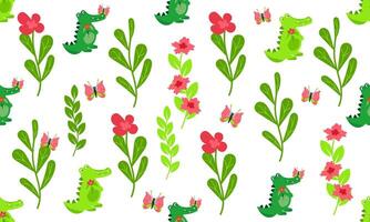 A pattern with a cute crocodile, butterfly and plants on a white background vector