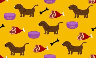 A pattern with a cute dog, a bowl, a bone and a piece of meat. Element for printing, wallpaper, fabrics vector