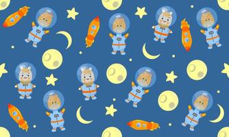 A pattern with cute animals, a rocket, a planet in space. A set for printing, texture, fabric, wallpaper. vector