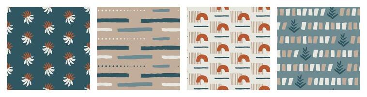 Modern seamless patterns with boho and geometric elements in earthy tones. Hand-drawn minimalistic textures with abstract organic shapes, lines, and foliage for textile, wallpaper, and backgrounds. vector