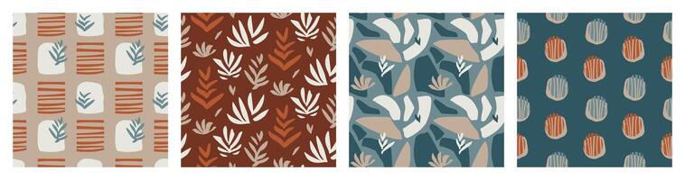 Earthy toned geometric seamless patterns with hand-drawn elements, including leaves, dots, and abstract shapes. Boho style backgrounds for textile, wallpaper, digital, and graphic design. vector