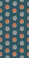 Vertical Seamless abstract geometric pattern with hand-drawn circles and vertical stripes in red and blue on dark blue background, modern artistic textile design, contemporary minimalistic digital vector