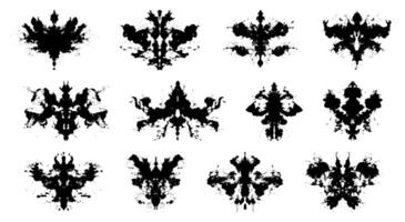 Collection of Rorschach inkblot patterns for psychological projection and analysis. Symmetrical abstract shapes for psychoanalysis, emotional evaluation, mental therapy, design, psychiatric use vector