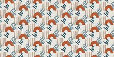 Hand drawn botanical seamless pattern with abstract organic leaves branches terracotta arches aesthetic elements modern design for fabric wallpaper textile wrapping digital print home decor horizontal vector