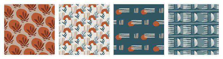 Boho seamless patterns with natural tones, hand-drawn geometric textures, leaves, and abstract organic shapes. Minimalist and modern backgrounds for fabric, wallpaper, and surface design. vector