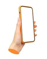 Phone screen mockup held in hand, displaying a blank, empty frame. Orange smartphone, isolated on photo