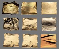 Gold foil with crumpled, shiny metallic texture creates a reflective, luxurious surface. Torn and photo