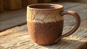 Closeup of a rustic ceramic mug with a cracked texture. photo