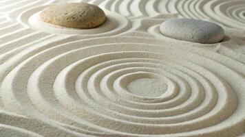 Zen Garden with Spiral Sand Patterns and Smooth Stones on it. photo
