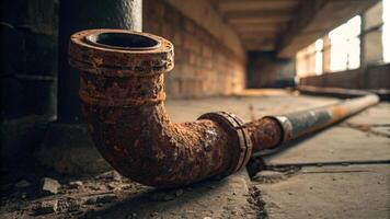 Rusty industrial pipe in abandoned building. photo