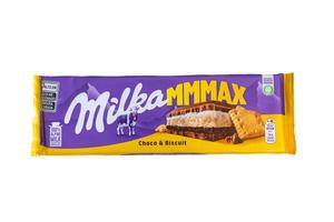 Brazil, May 3, 2025. Milka Mmmax Swiss Chocolate, isolated on a plain background and in top view top photo
