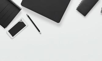 Clean and organized office desk in top view with space for text top view photo