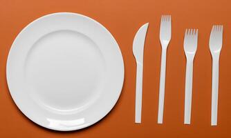 Plate and cutlery isolated on plain background in top view photo