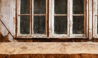 Background with rustic table in the foreground and old abandoned window worn by time in the background photo