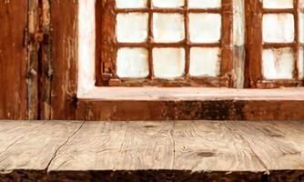 Background with rustic table in the foreground and old abandoned window worn by time in the background cd4 photo