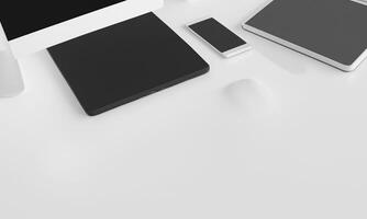 Clean and organized office desk in top view with space for text photo