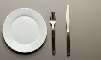 Plate and cutlery isolated on plain background in top view real photo