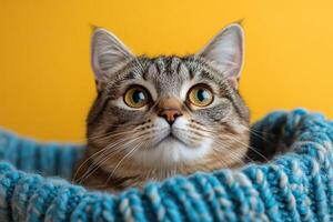 Adorable Tabby Cat Cozying Up in a Blue Knit Sweater Against a Vibrant Yellow Background photo