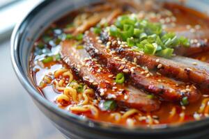 Delicious and steaming hot bowl of ramen, showcase the flavors a photo