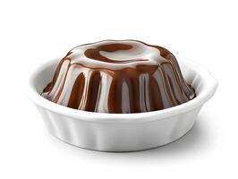 Chocolate pudding in a white bowl on a white background photo
