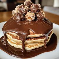 Stack of pancakes with chocolate sauce and chocolate chips on top photo