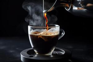 Steaming espresso being poured into a cup from a coffee machine photo