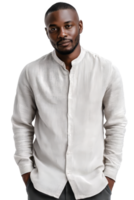Stylish man presents a contemporary linen shirt in a minimalist studio setting with soft lighting and sharp detail for an elegant look png
