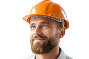 Confident worker in hardhat ready for construction challenges on transparent background with ample copy space for branding png