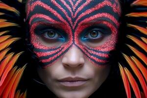 A woman wearing a colorful mask with feathers on her face photo