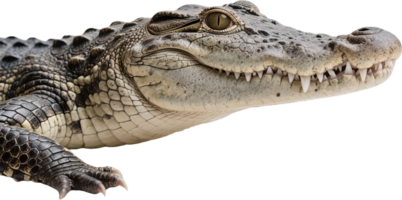 Close up of an alligator face showing textured skin sharp eyes and a still expression png