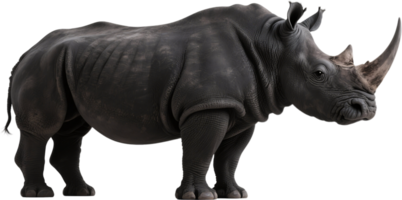 A massive rhinoceros stands in full side view showing its thick skin large horn and powerful build png