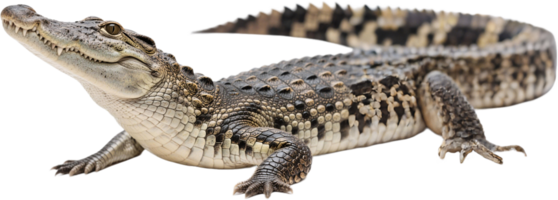 Full body view of a wild alligator resting on the ground showing scales and full tail length png