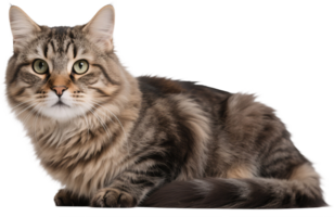 A Siberian cat lies loafing with thick fur and calm expression on a soft surface png