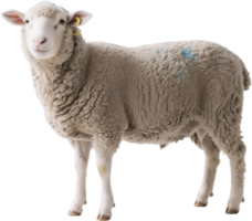A sheep in side view with fluffy white wool standing peacefully in a field with calm posture png