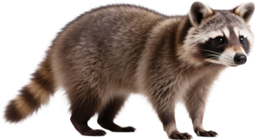 A raccoon in profile captured in a serene side view showcasing its striped tail and textured fur png