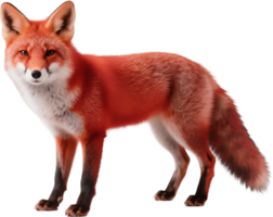 A red fox stands in side view glancing back with alert eyes and thick tail in a forest setting png