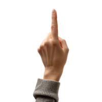 Female hand pointing upward with index finger, back view behind, isolated on transparent background png