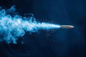 Bullet is shot into the air, leaving a blue smoke trail behind it photo