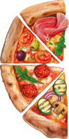 Watercolor hand drawn pizza slices with different toppings png