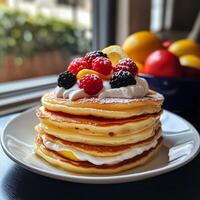 Stack of pancakes with berries and lemon on top photo