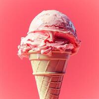 Strawberry ice cream with whipped cream in a cone photo