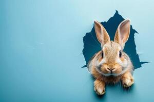 Rabbit is looking out of a hole in a wall photo