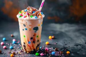 Boba tea with whipped cream and colorful toppings in a glass jar photo