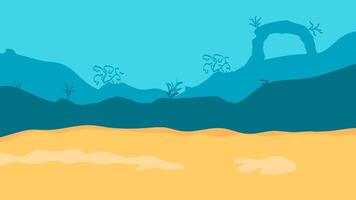 2d under sea background or Ocean or sea underwater background. Empty bottom with rocks, fish silhouettes vector