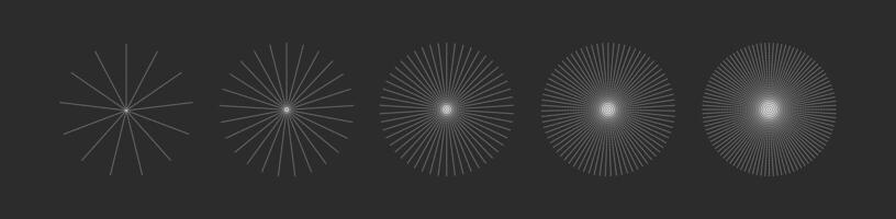 Radial sunburst rays set on dark background. A minimalistic starburst pattern collection with increasing density, perfect for digital scrapbooking, abstract backgrounds, or retro-inspired designs. vector