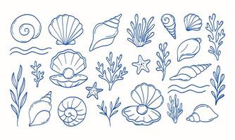 A blue and white drawing of various sea creatures including shells, starfish, and seaweed. The drawing conveys a sense of the ocean and its inhabitants vector