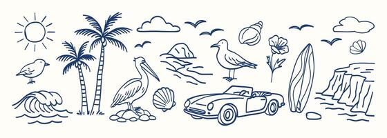 A blue and white drawing of a beach scene with palm trees, a car, a surfboard, and birds vector