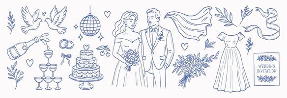 The image is a blue and white depiction of a wedding scene. It features a bride and groom, a wedding cake, and a bouquet. The couple is dressed in formal attire, with the groom wearing a suit vector