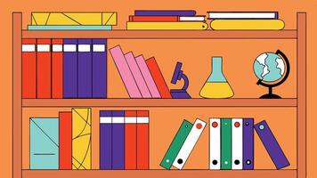 Colorful Bookshelf Illustration Featuring Books, Binders, Globe, and Scientific Equipment Perfect for Education, Study, and Knowledge Concepts vector