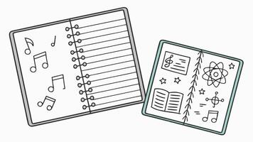 Two open notebooks showcase creativity one with musical notes the other with science symbols stars and an open book vector